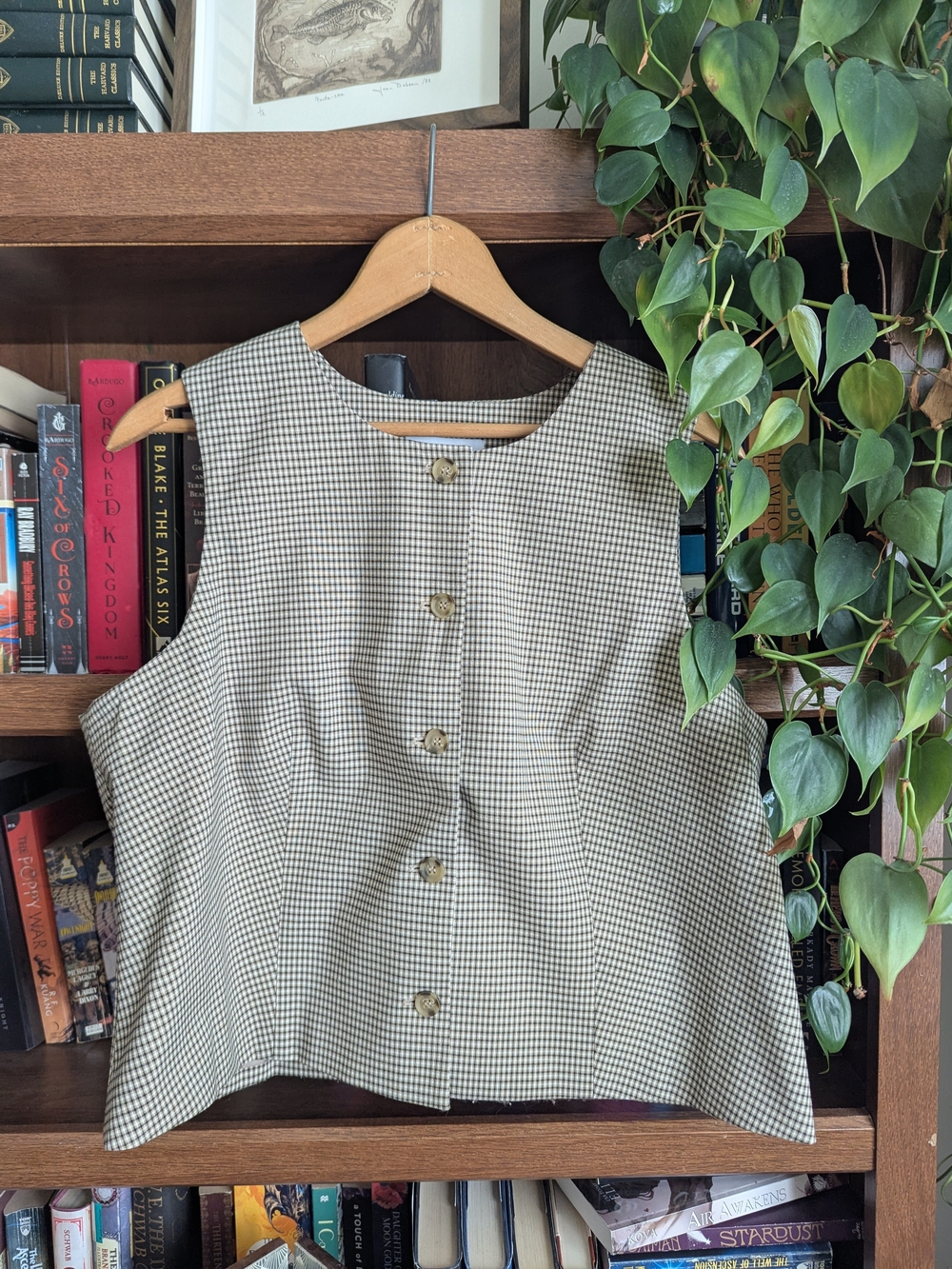 High Neck Buttoned Brown Check Vest